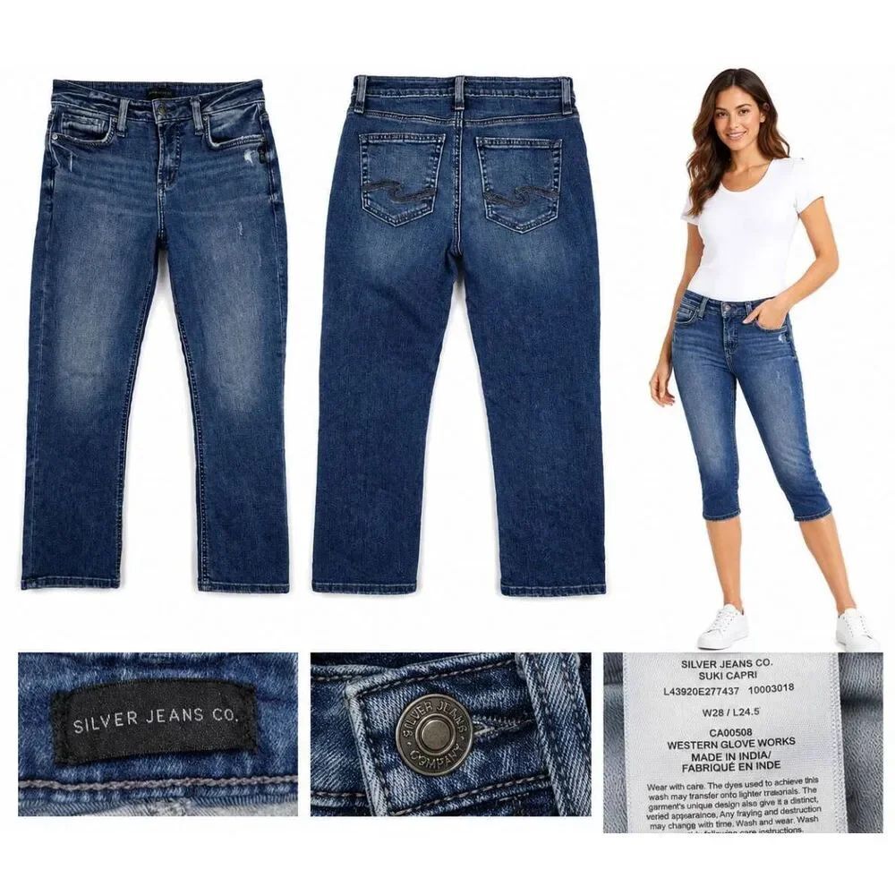 Silver Suki Capri Jeans W28 Blue Mid Rise Stretch Denim